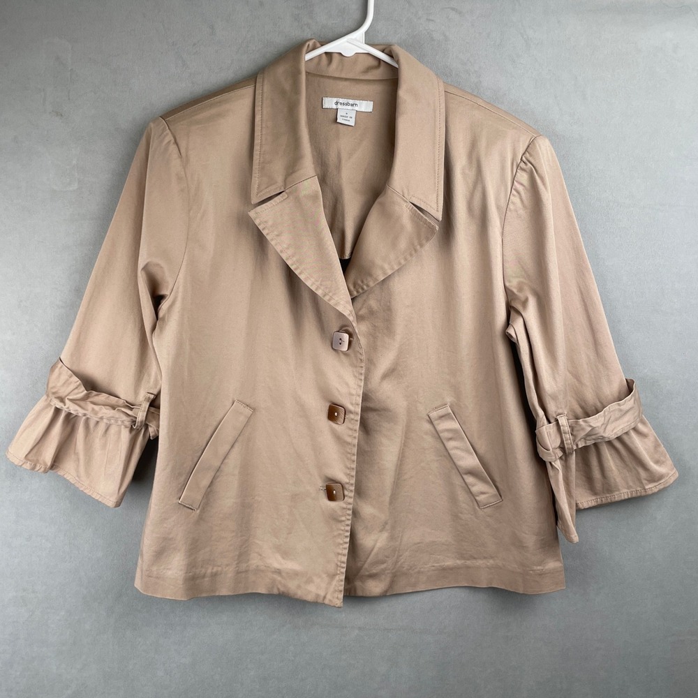 Dressbarn Tan Ruffle Cuff Classic Blazer Jacket Sz 8 Beige 3/4 Sleeve Cotton